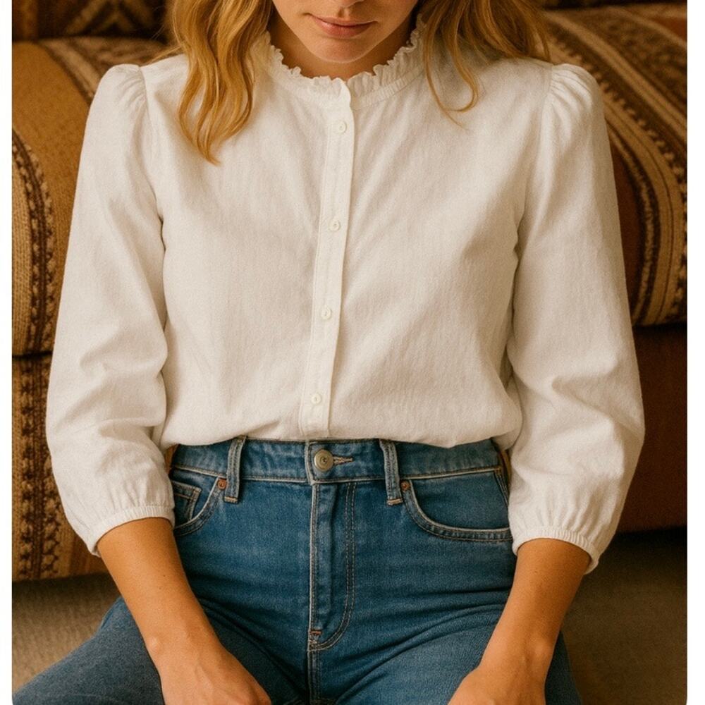 Nanette Lepore White Button-Down Blouse Quiet Luxury French Girl Style Large